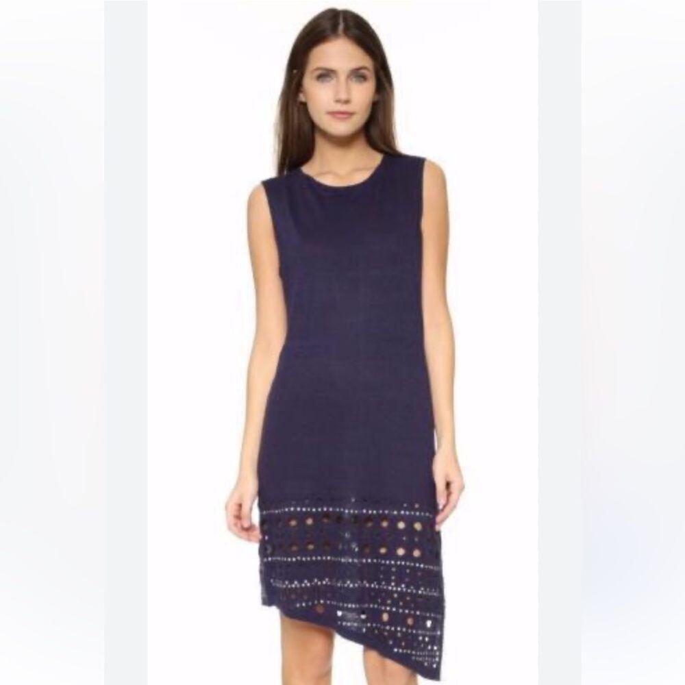 Rebecca Minkoff 100% Linen Asymmetric Shift Dress size Small Navy Blue Eyelet